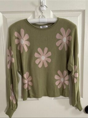 Ekouver Olive Green Crewneck Sweater with Pink Daisy Motif